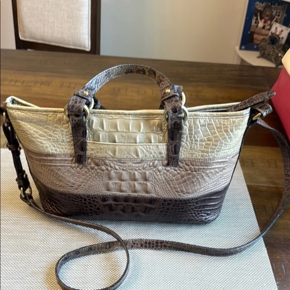 Brahmin Brown and Cream Satchel with Croc Embossed Leather - Picture 3 of 15